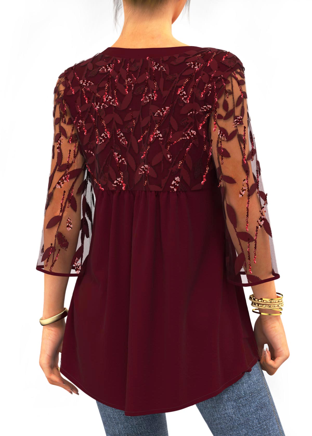 Wine Red tops,Plain Color tops,ROTITA Sequin Lace Stitching 3/4 Sleeve Solid T Shirt