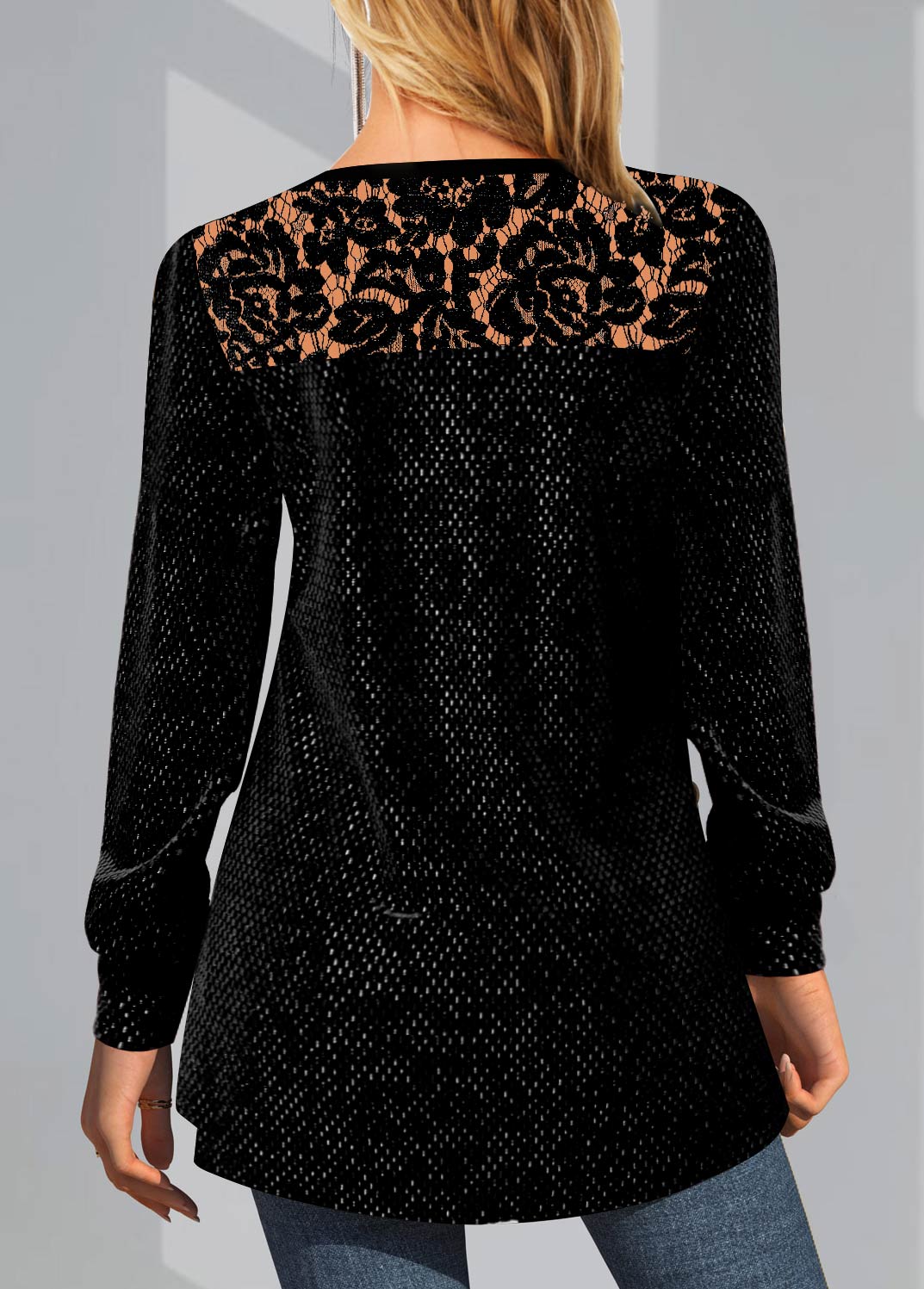Black tops,Plain Color tops,ROTITA Solid Lace Patchwork Round Neck Long Sleeve Sweatshirt