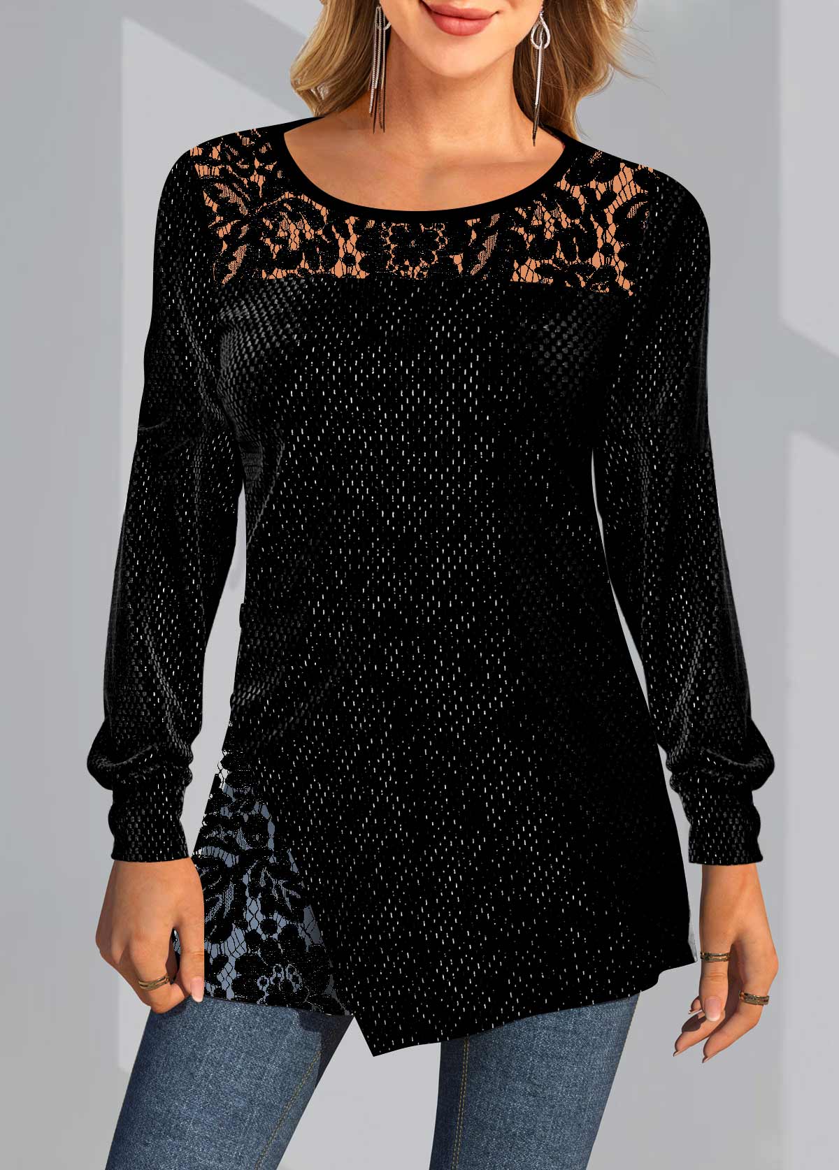 Black tops,Plain Color tops,ROTITA Solid Lace Patchwork Round Neck Long Sleeve Sweatshirt