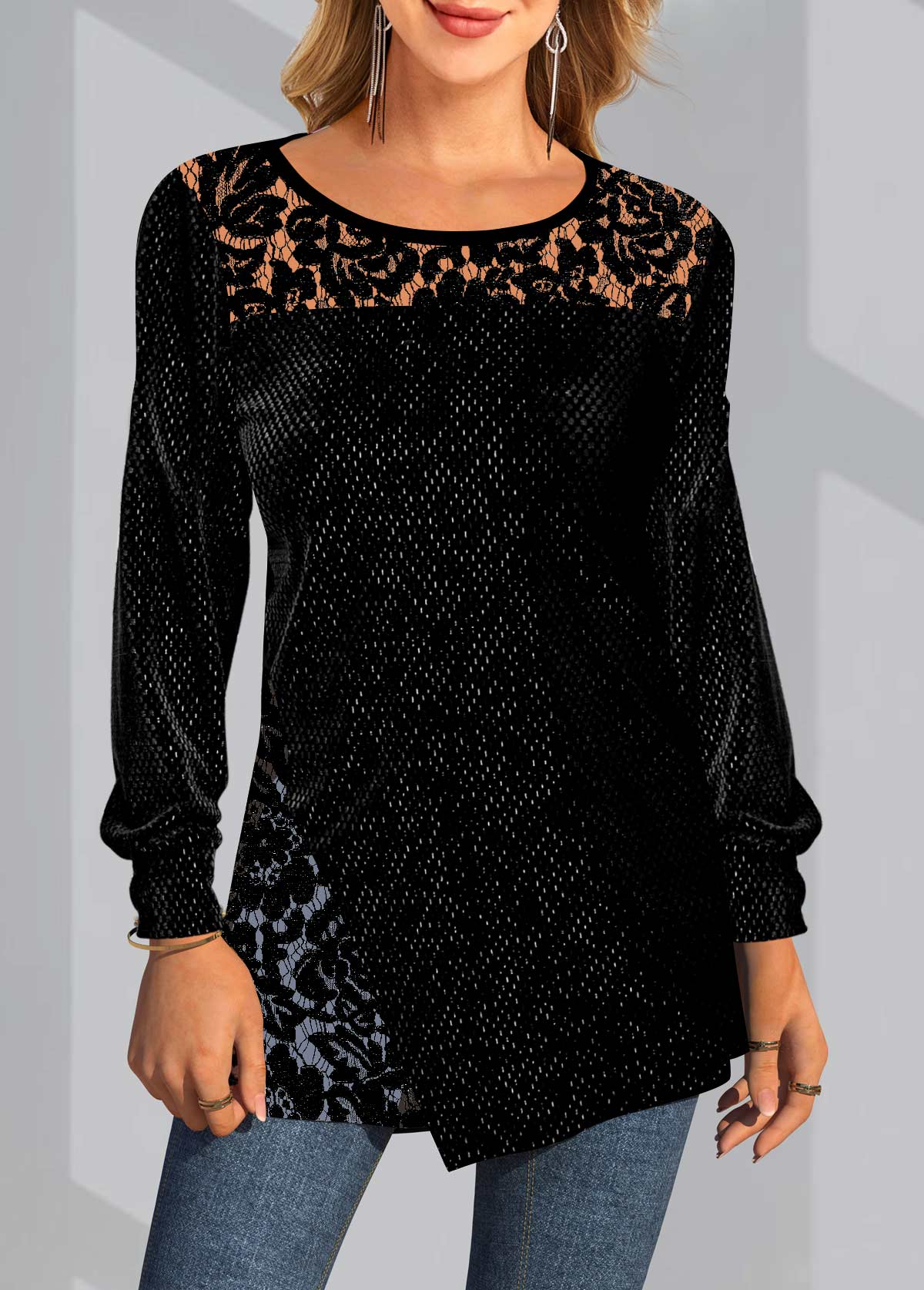 Black tops,Plain Color tops,ROTITA Solid Lace Patchwork Round Neck Long Sleeve Sweatshirt