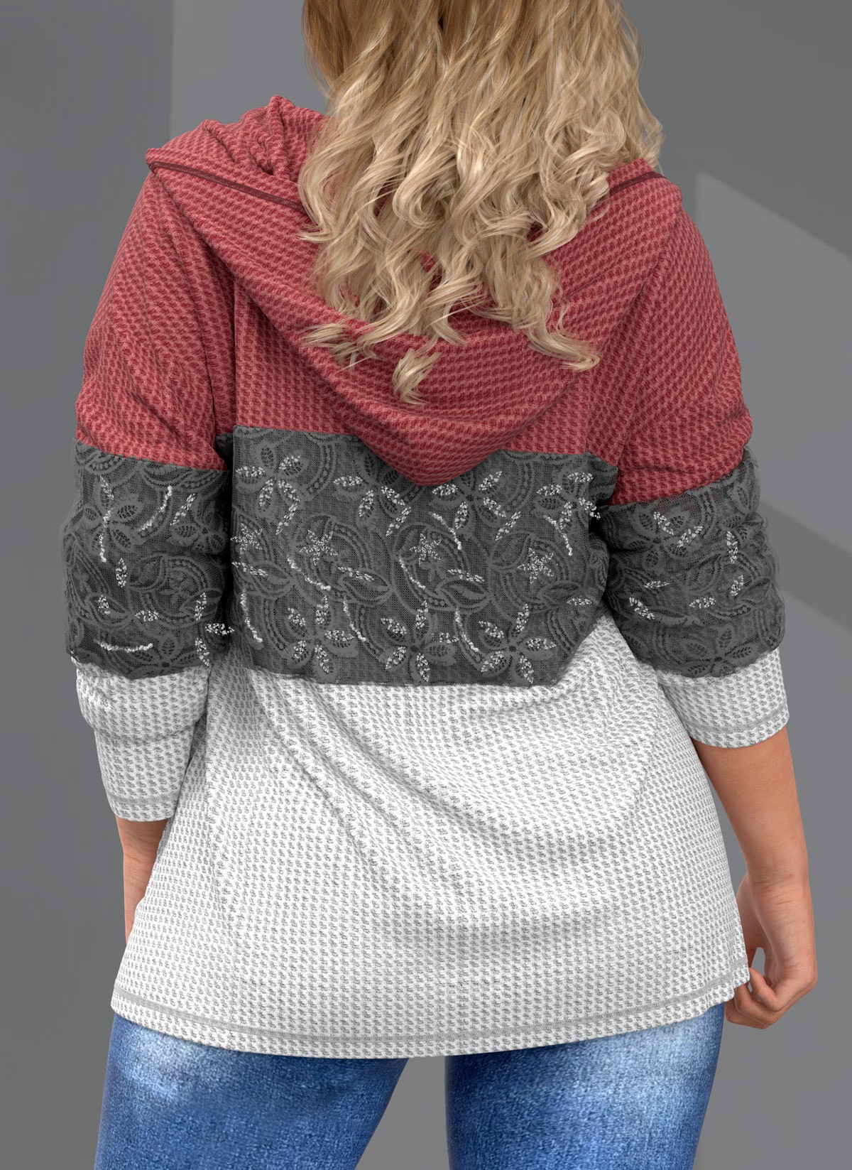 Pink plus size,Contrast Color plus size,ROTITA Drawstring Quarter Zip Plus Size Lace Stitching Hoodie