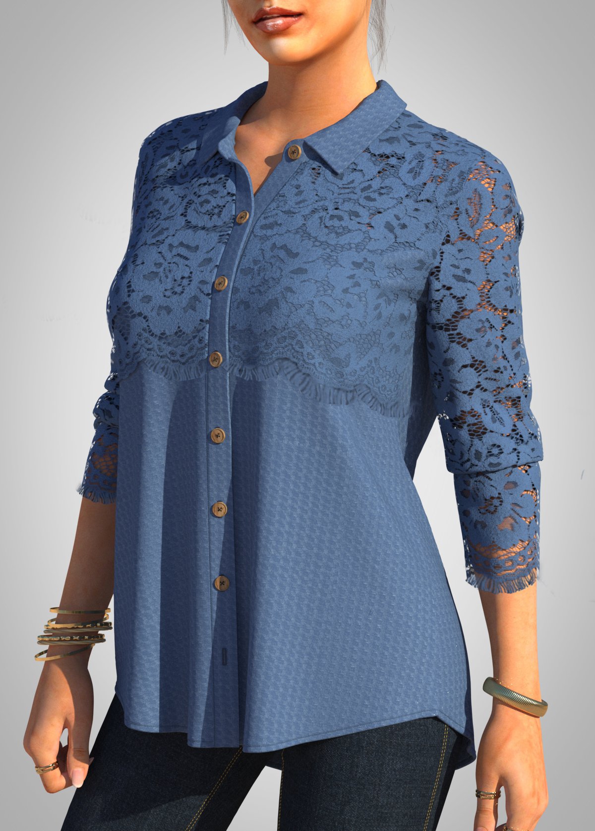 Blue tops,Plain Color tops,ROTITA Solid Lace Patchwork Turndown Collar Long Sleeve Blouse