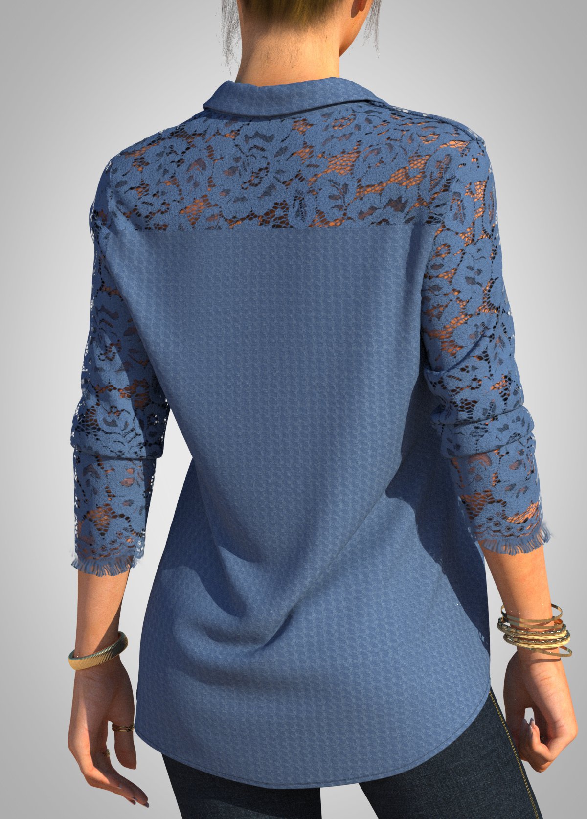 Blue tops,Plain Color tops,ROTITA Solid Lace Patchwork Turndown Collar Long Sleeve Blouse
