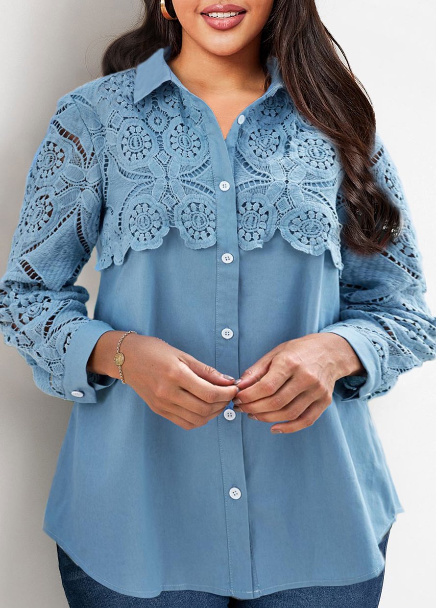 Blue tops,Plain Color tops,ROTITA Lace Stitching Faux Denim Turndown Collar Blouse