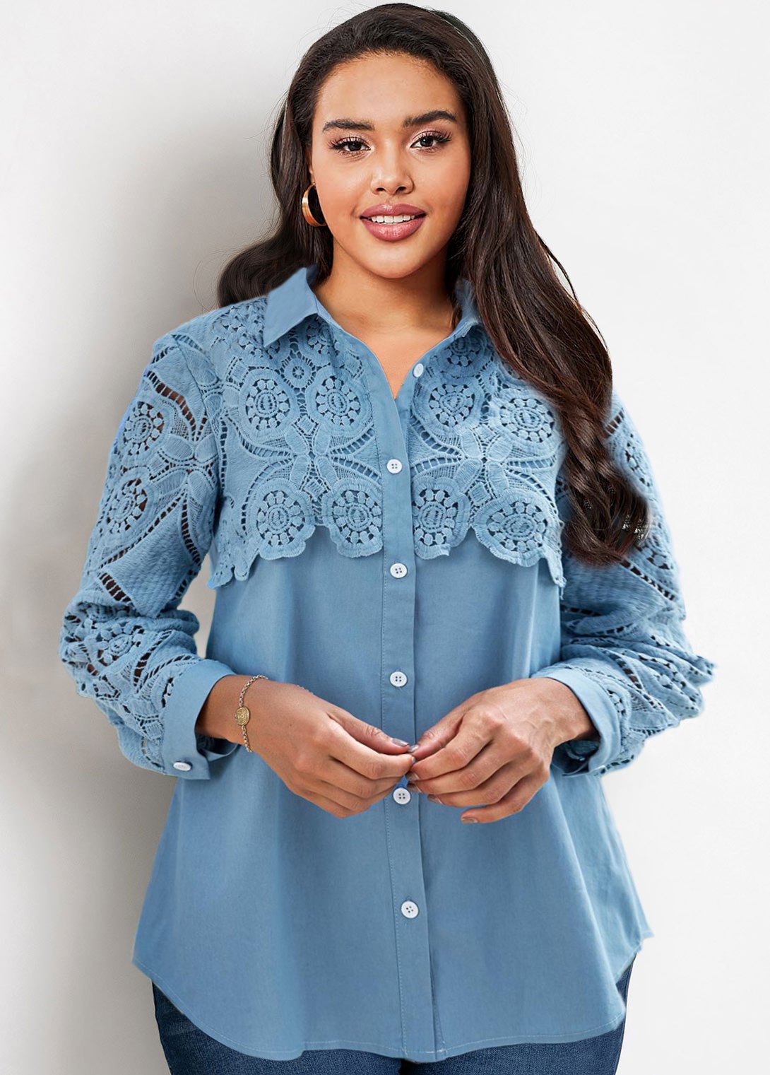 Blue tops,Plain Color tops,ROTITA Lace Stitching Faux Denim Turndown Collar Blouse