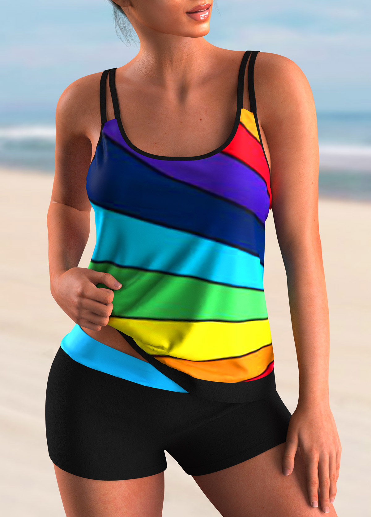 ROTITA Rainbow Color Stripe Print Tankini Set