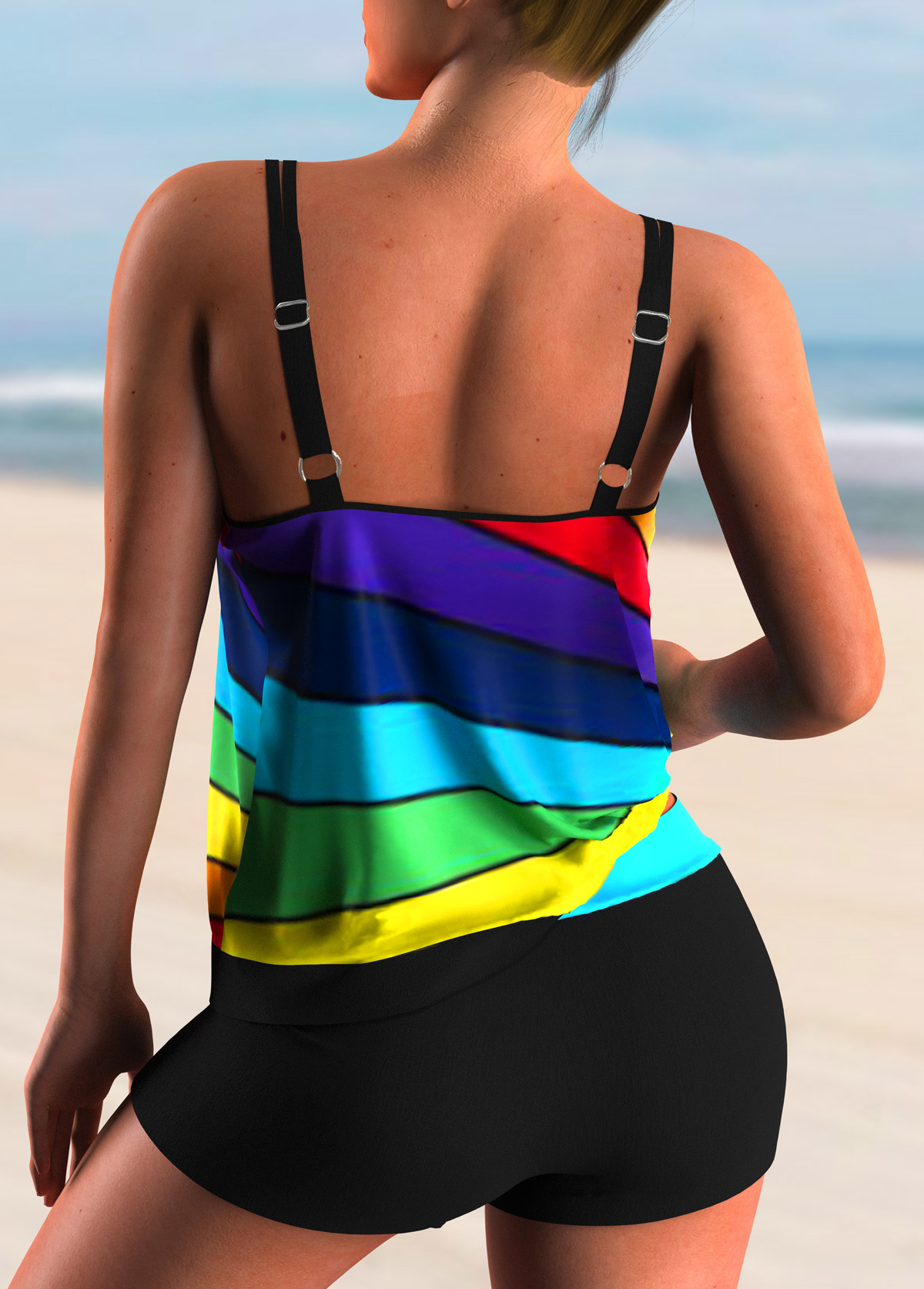 Multi Color swimwear,Striped swimwear,ROTITA Rainbow Color Stripe Print Tankini Set