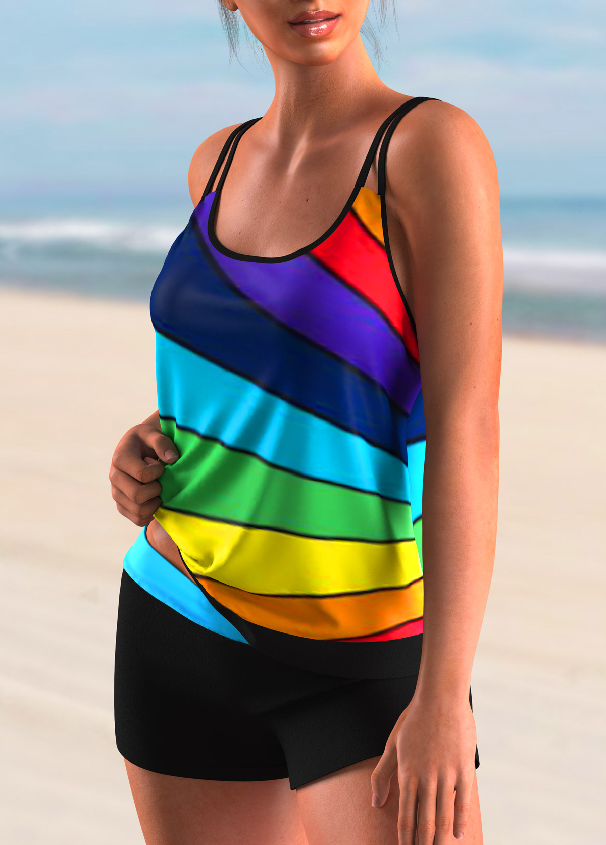Multi Color swimwear,Striped swimwear,ROTITA Rainbow Color Stripe Print Tankini Set