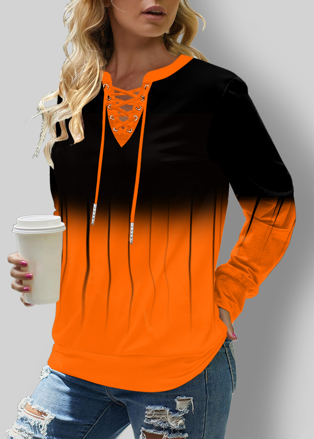 ombre lace up long sleeve sweatshirt
