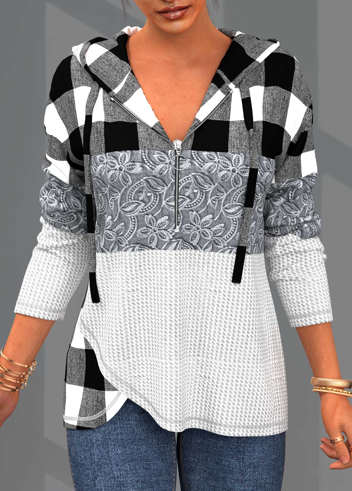Grey tops,Plaid tops,ROTITA Plaid Lace Patchwork Long Sleeve Hoodie