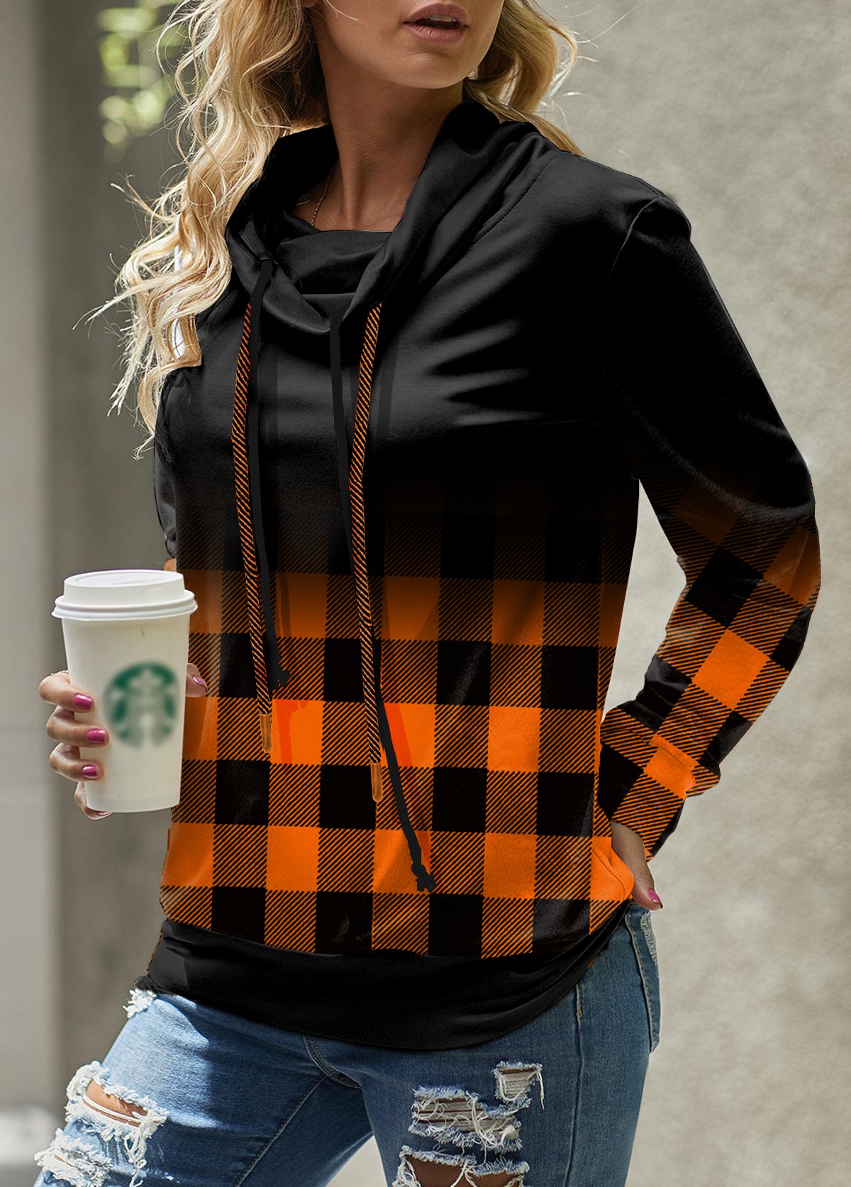 ROTITA Plaid Cowl Neck Long Sleeve 