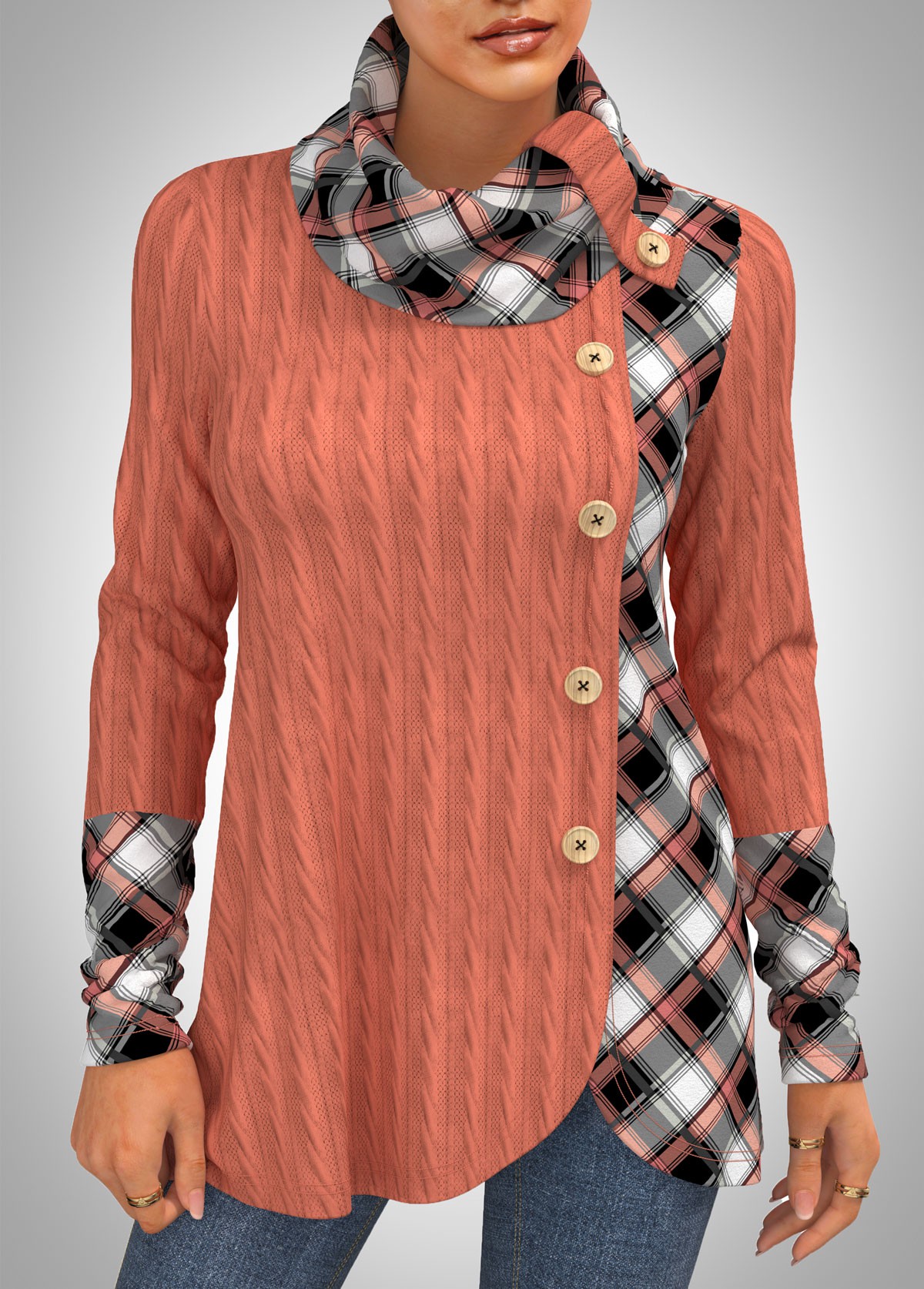 ROTITA Plaid Twisted Pattern Cowl Neck Sweatshirt