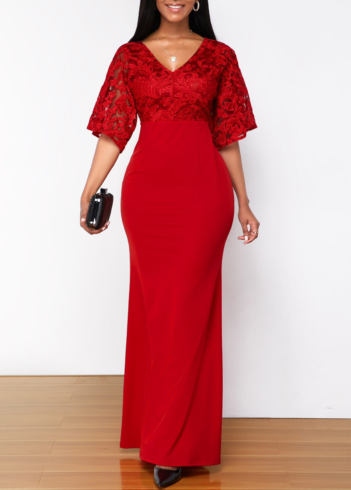 Red dresses,Plain Color dresses,ROTITA Solid Lace Patchwork V Neck 3/4 Sleeve Dress