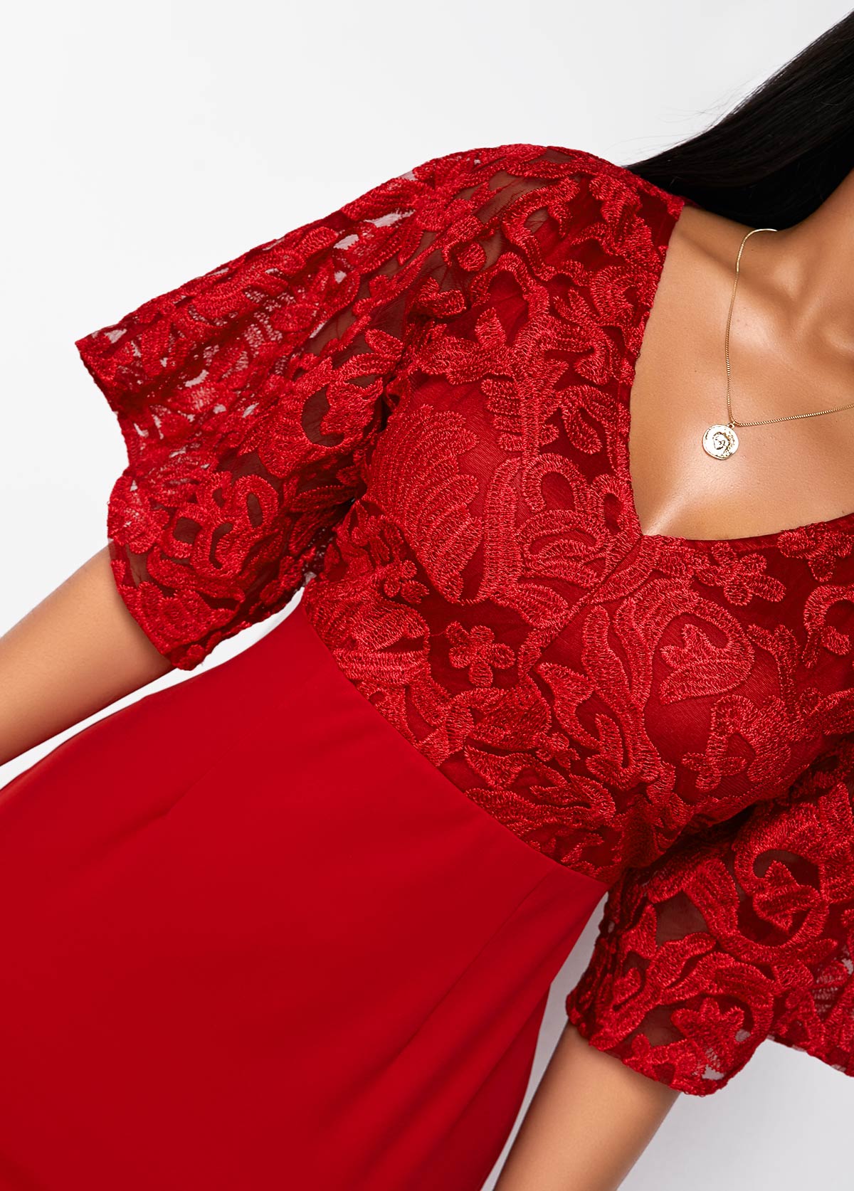 Red dresses,Plain Color dresses,ROTITA Solid Lace Patchwork V Neck 3/4 Sleeve Dress