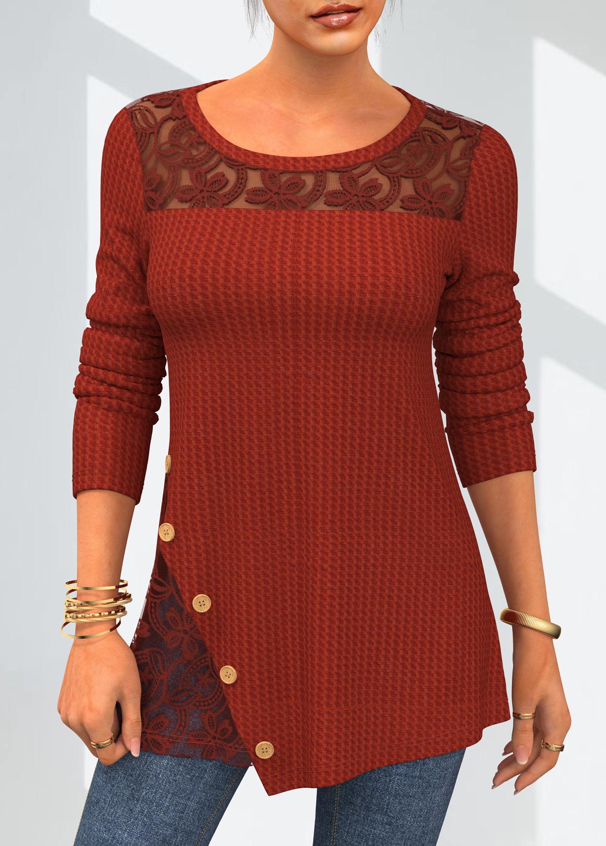 Brick Red tops,Plain Color tops,ROTITA Solid Lace Patchwork Round Neck T Shirt