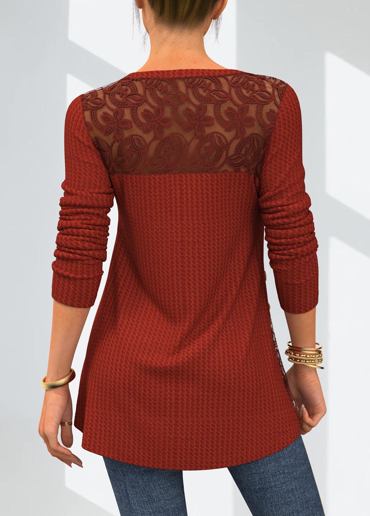 Brick Red tops,Plain Color tops,ROTITA Solid Lace Patchwork Round Neck T Shirt