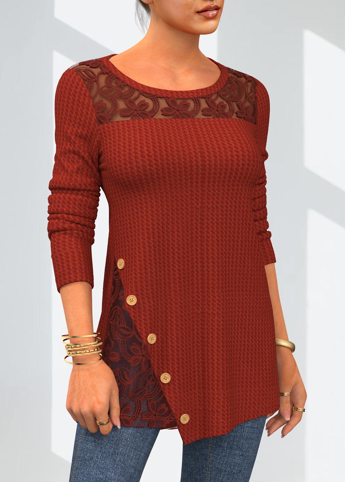 Brick Red tops,Plain Color tops,ROTITA Solid Lace Patchwork Round Neck T Shirt