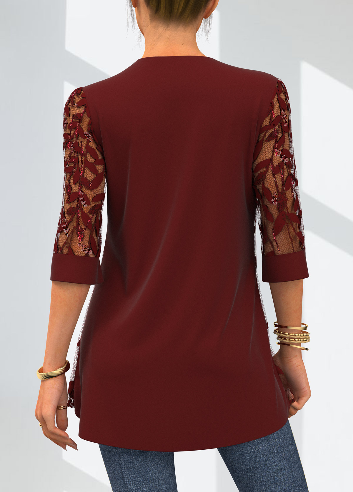 Deep Red tops,Plain Color tops,ROTITA Lace Patchwork Split Neck 3/4 Sleeve Blouse