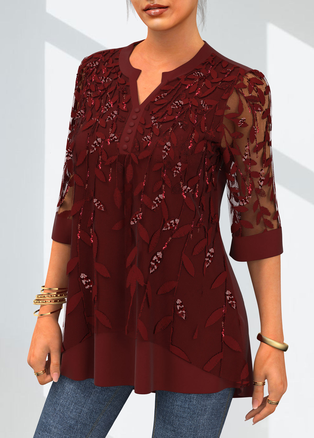 Deep Red tops,Plain Color tops,ROTITA Lace Patchwork Split Neck 3/4 Sleeve Blouse