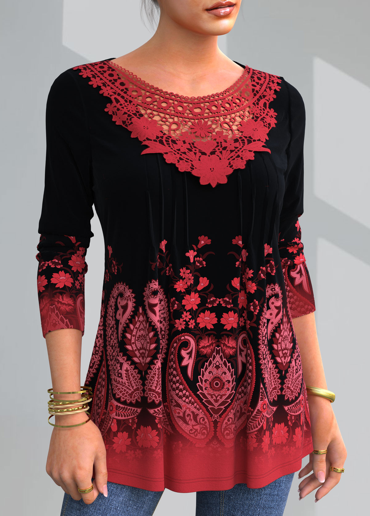 Red tops,Paisley tops,ROTITA Paisley Print Lace Patchwork T Shirt