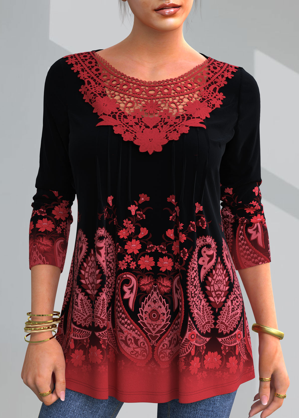 Red tops,Paisley tops,ROTITA Paisley Print Lace Patchwork T Shirt