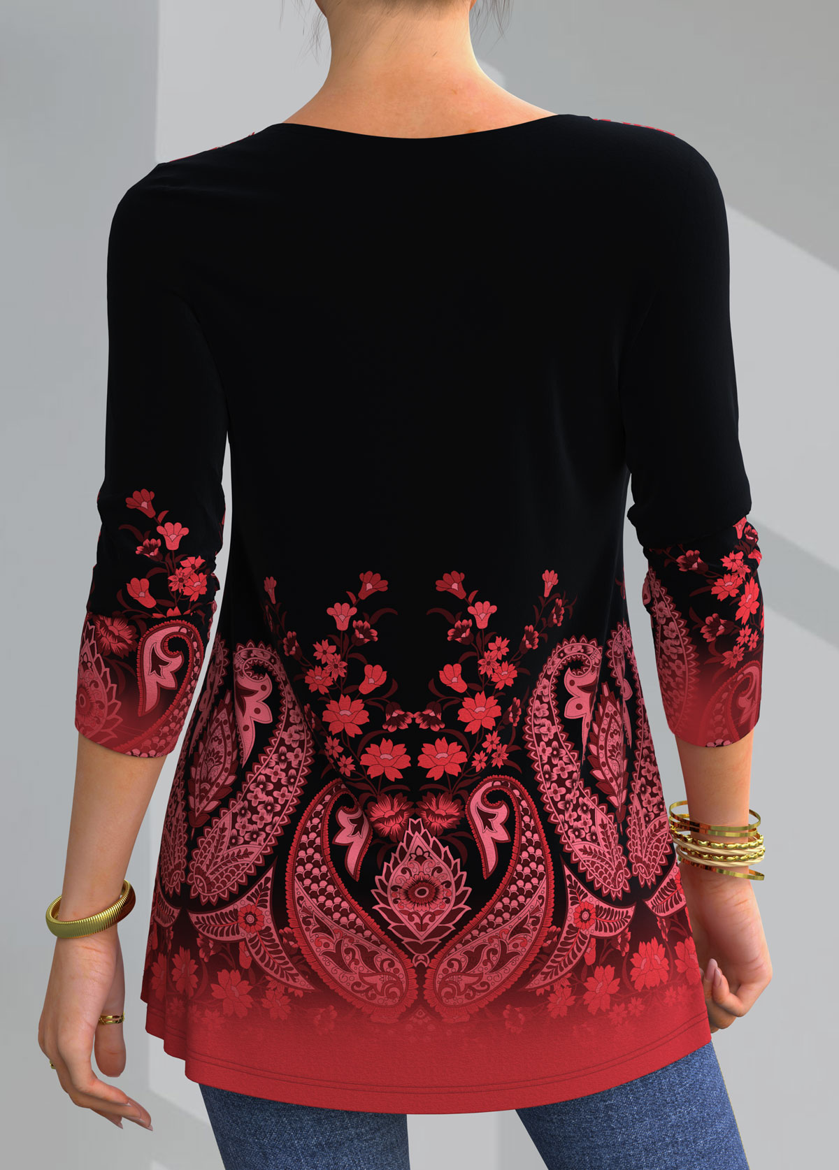 Red tops,Paisley tops,ROTITA Paisley Print Lace Patchwork T Shirt