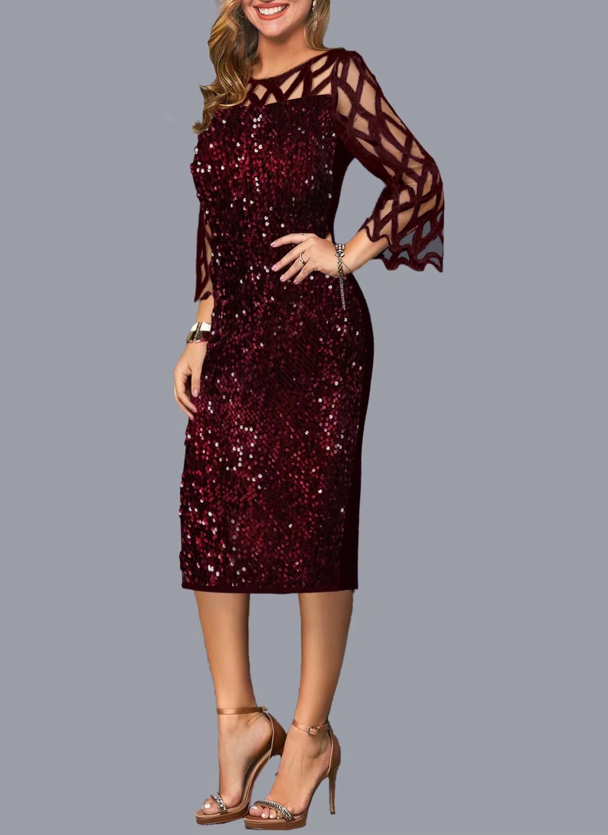 ROTITA Round Neck Chiffon Sequin 3/4 Sleeve Dress | Rotita.com - USD $37.98