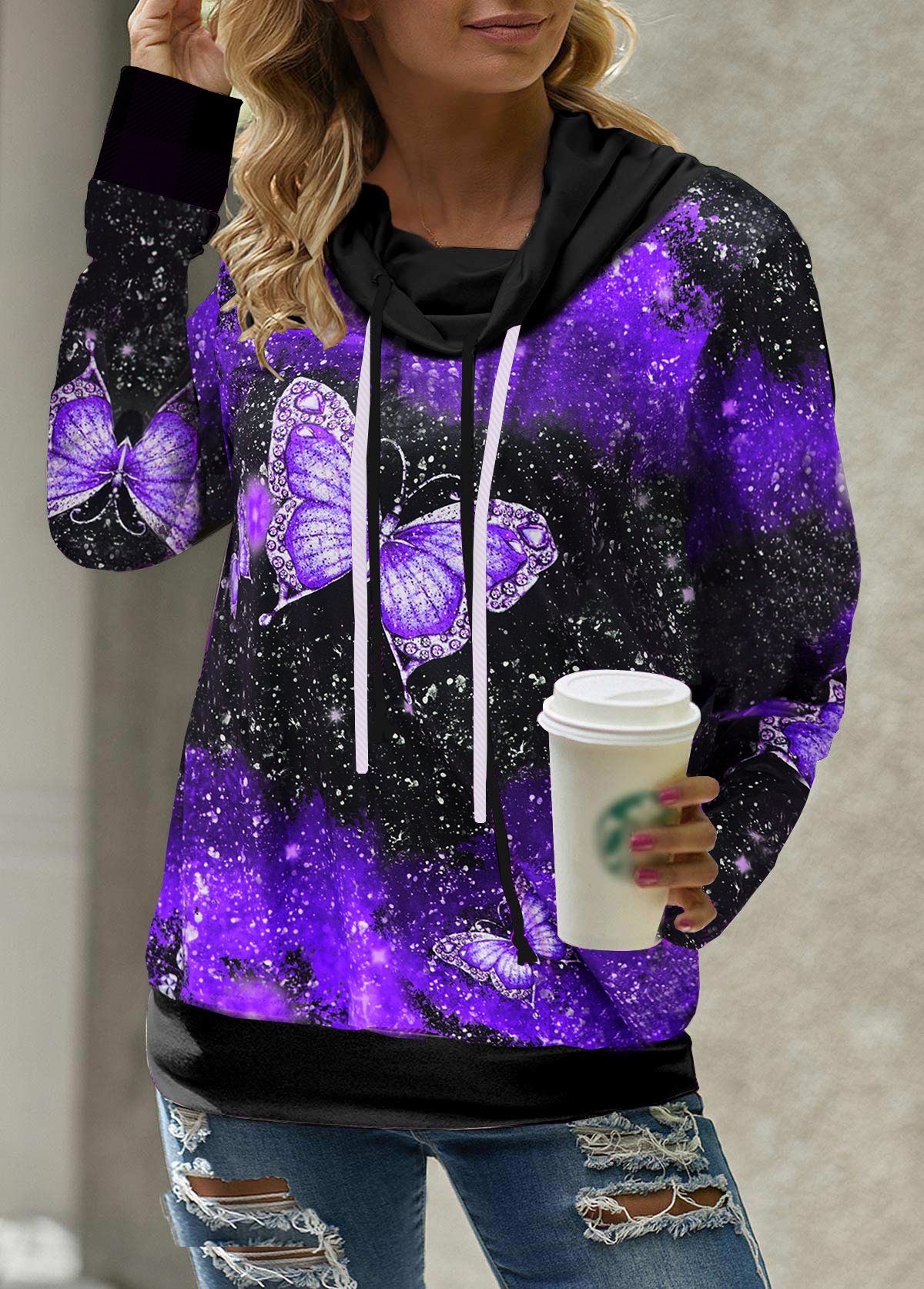 Purple tops,Animal Print tops,ROTITA Butterfly Print Drawstring Detail Cowl Neck Sweatshirt