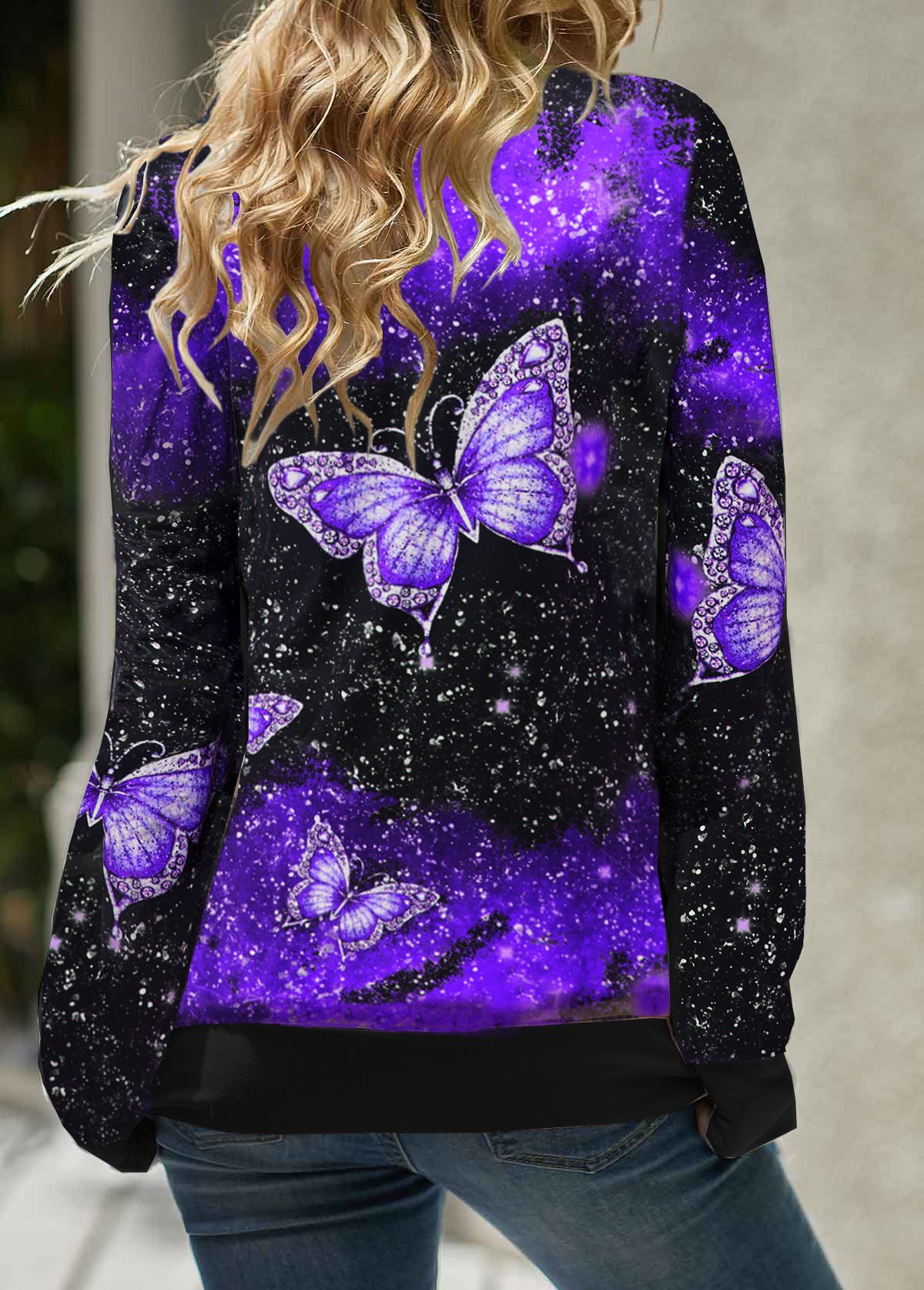 Purple tops,Animal Print tops,ROTITA Butterfly Print Drawstring Detail Cowl Neck Sweatshirt
