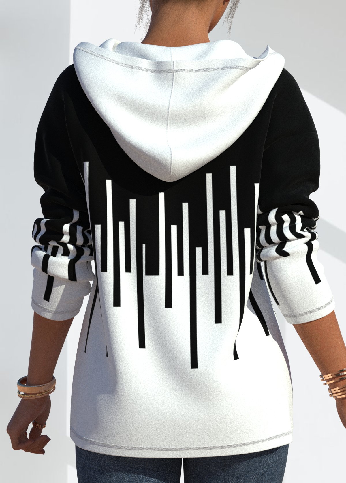 Black tops,Geometric tops,ROTITA Quarter Zip Geometric Print Drawstring Hoodie