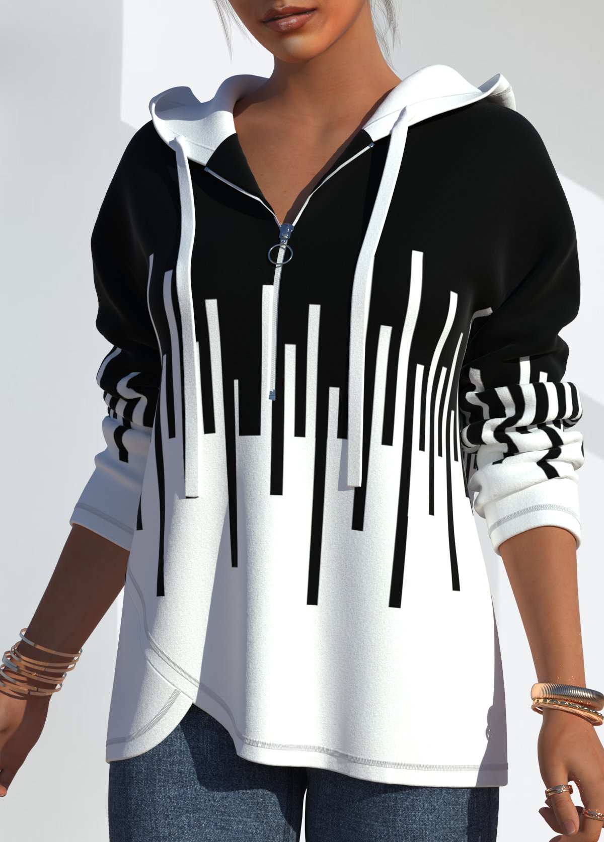 Black tops,Geometric tops,ROTITA Quarter Zip Geometric Print Drawstring Hoodie