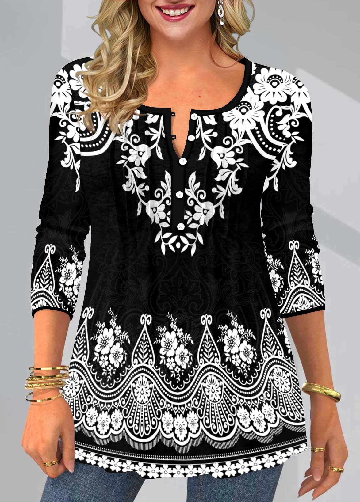 Black tops,Tribal tops,ROTITA Tribal Print Black Split Neck T Shirt