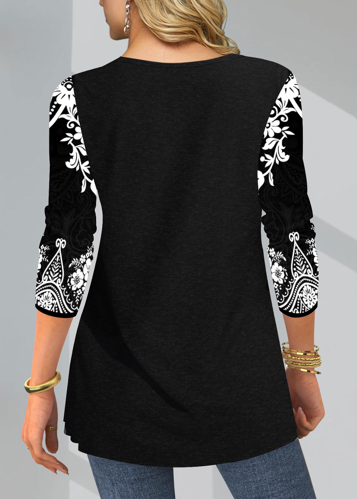 Black tops,Tribal tops,ROTITA Tribal Print Black Split Neck T Shirt