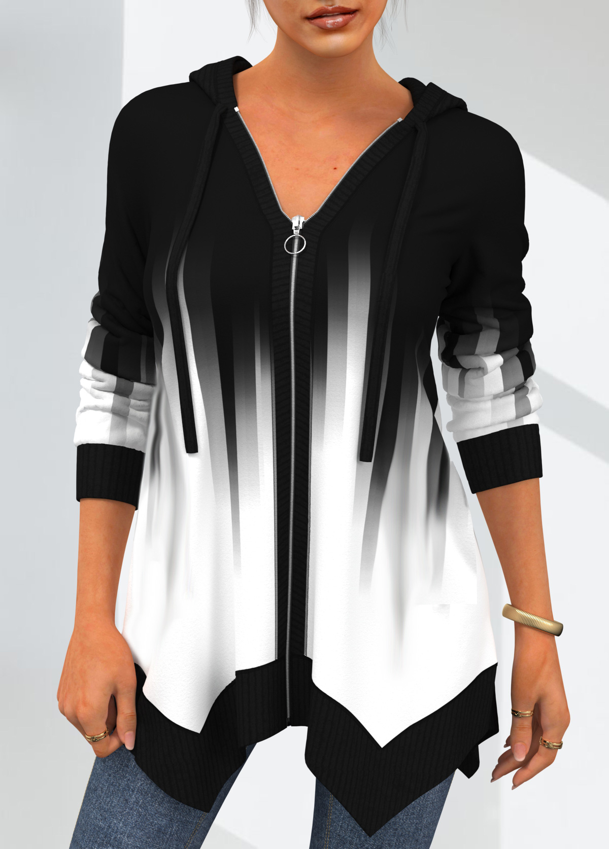 White tops,Contrast Color tops,ROTITA Asymmetric Hem White Drawstring Detail Hoodie