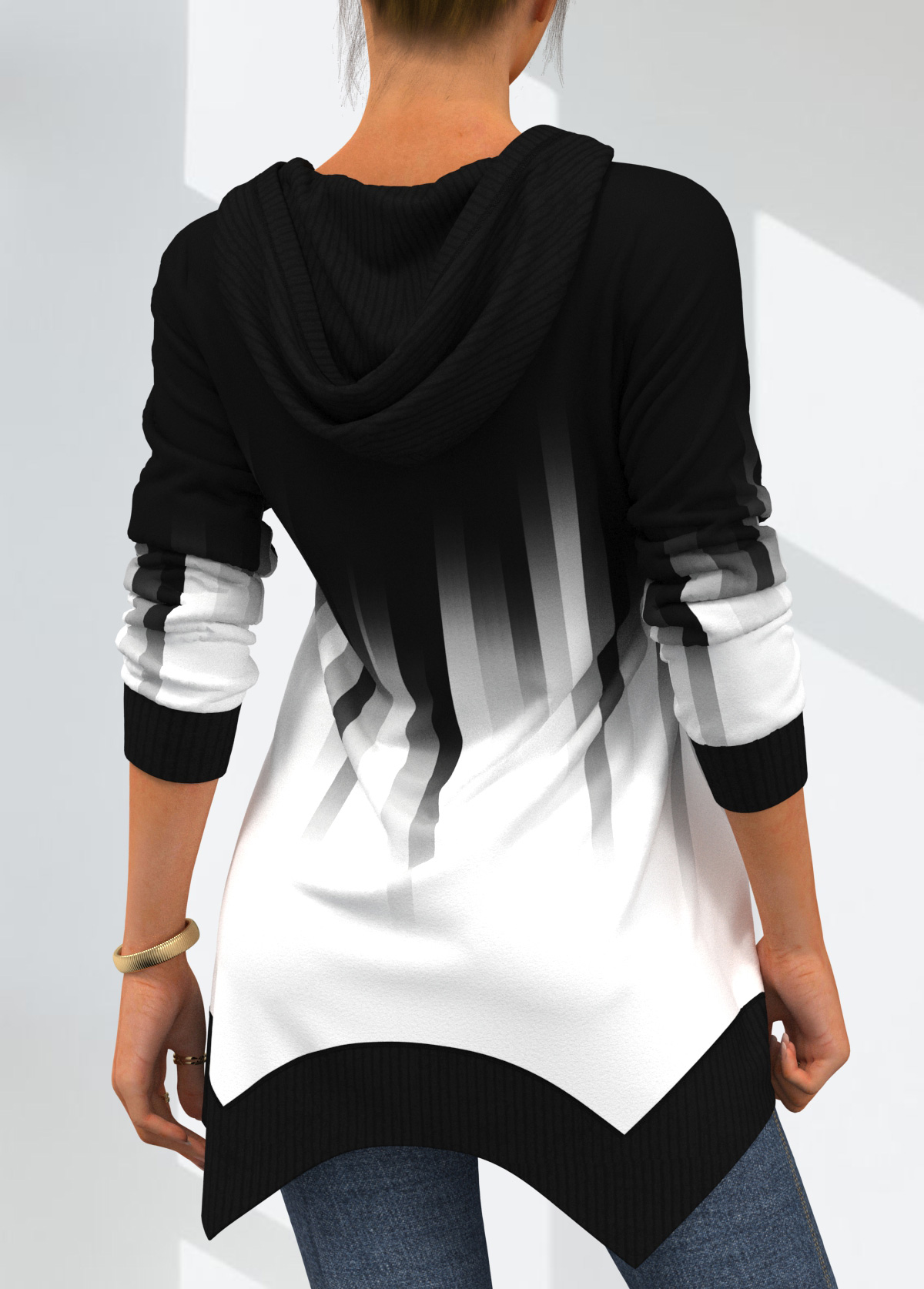 White tops,Contrast Color tops,ROTITA Asymmetric Hem White Drawstring Detail Hoodie