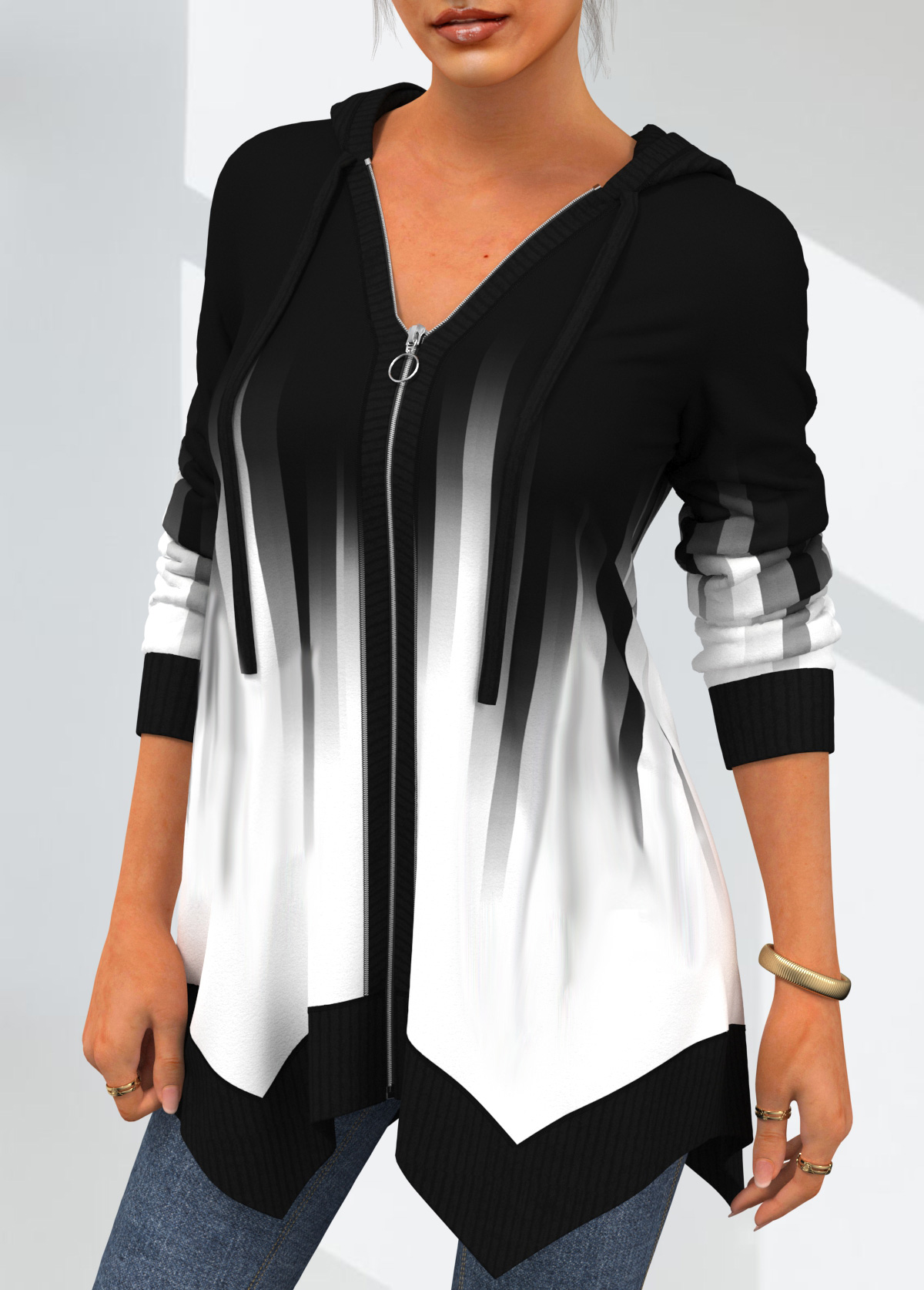 White tops,Contrast Color tops,ROTITA Asymmetric Hem White Drawstring Detail Hoodie