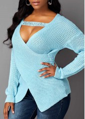 Blue tops,Plain Color tops,Long Sleeve Crossover Hem Cutout Front Sweater