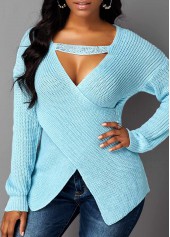 Blue tops,Plain Color tops,Long Sleeve Crossover Hem Cutout Front Sweater