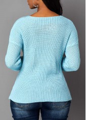 Blue tops,Plain Color tops,Long Sleeve Crossover Hem Cutout Front Sweater