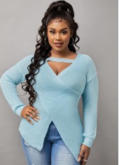 Blue tops,Plain Color tops,Long Sleeve Crossover Hem Cutout Front Sweater