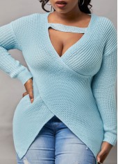 Blue tops,Plain Color tops,Long Sleeve Crossover Hem Cutout Front Sweater
