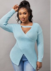 Blue tops,Plain Color tops,Long Sleeve Crossover Hem Cutout Front Sweater