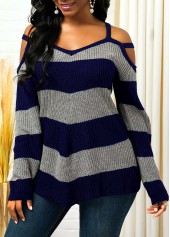 ROTITA Cold Shoulder Asymmetric Hem Striped Sweater