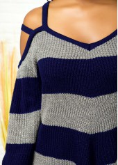 Navy tops,Striped tops,ROTITA Cold Shoulder Asymmetric Hem Striped Sweater