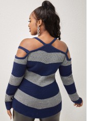 Navy tops,Striped tops,ROTITA Cold Shoulder Asymmetric Hem Striped Sweater