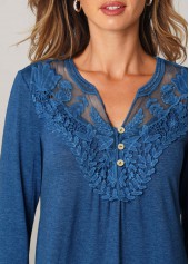 Blue tops,Plain Color tops,ROTITA Split Neck 3/4 Sleeve Solid T Shirt