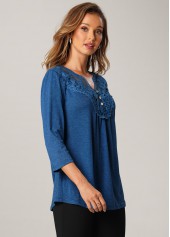 Blue tops,Plain Color tops,ROTITA Split Neck 3/4 Sleeve Solid T Shirt