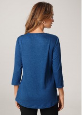 Blue tops,Plain Color tops,ROTITA Split Neck 3/4 Sleeve Solid T Shirt