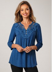 ROTITA Split Neck 3/4 Sleeve Solid T Shirt