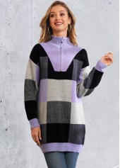 Multi Color tops,Plaid tops,Plaid Quarter Zip Long Sleeve Sweater